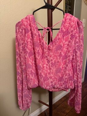 Floral Pink V-Neck Long-Sleeve Blouse with Tie Back